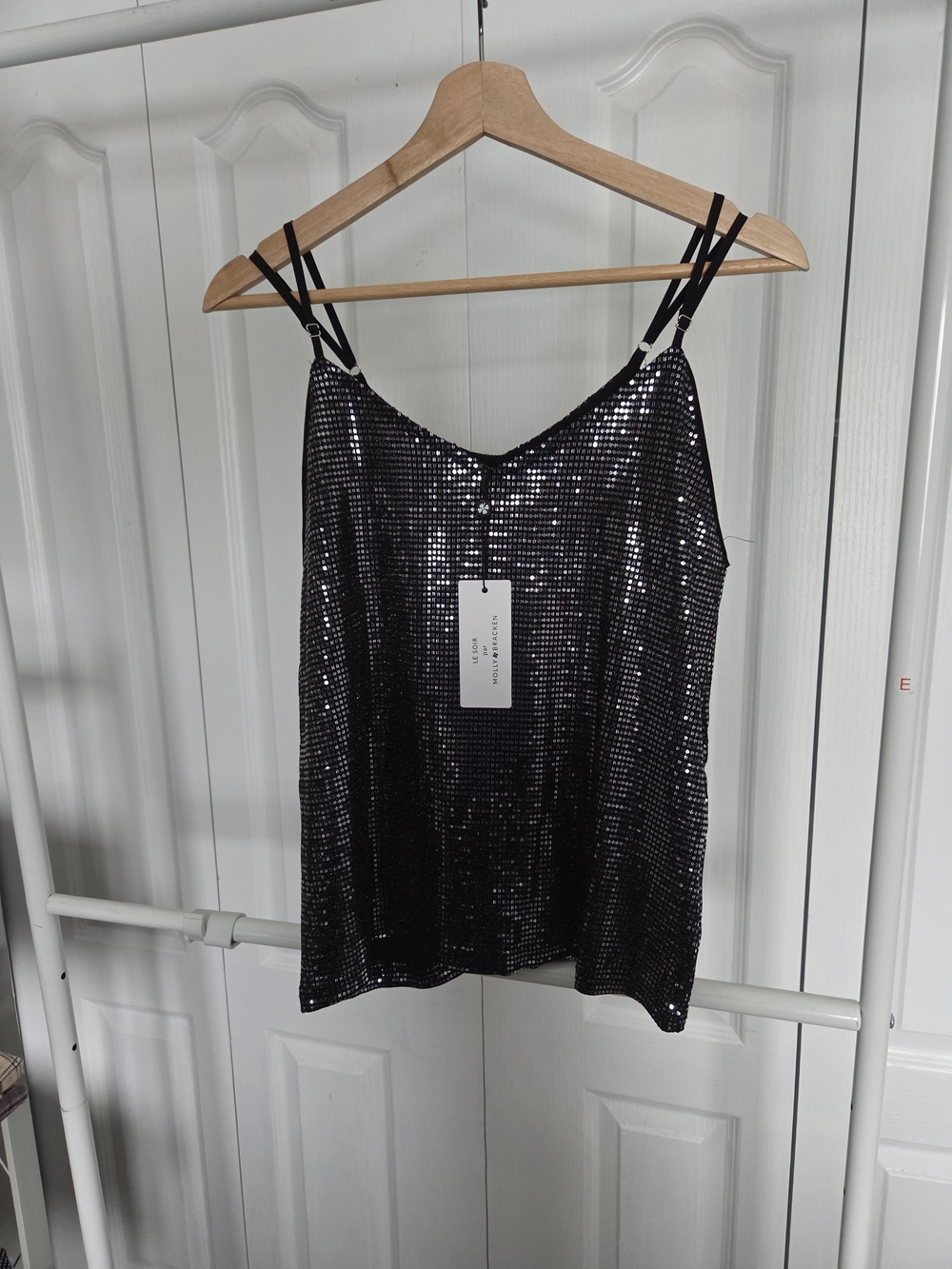 Metallic Sequin Double-Strap Cami Tank Top - Black